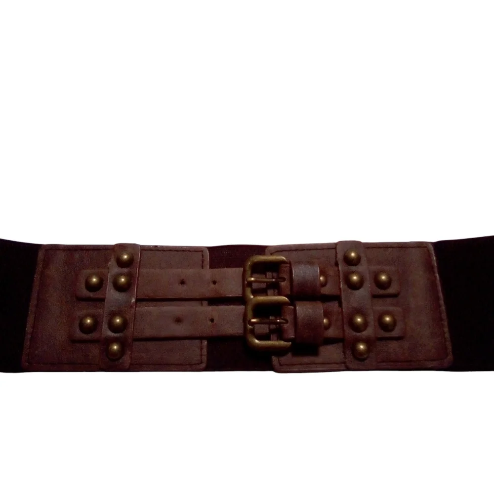 Belt Women Brown Boho Western Faux Leather Double Buckle Brass Studs Stretch M/L